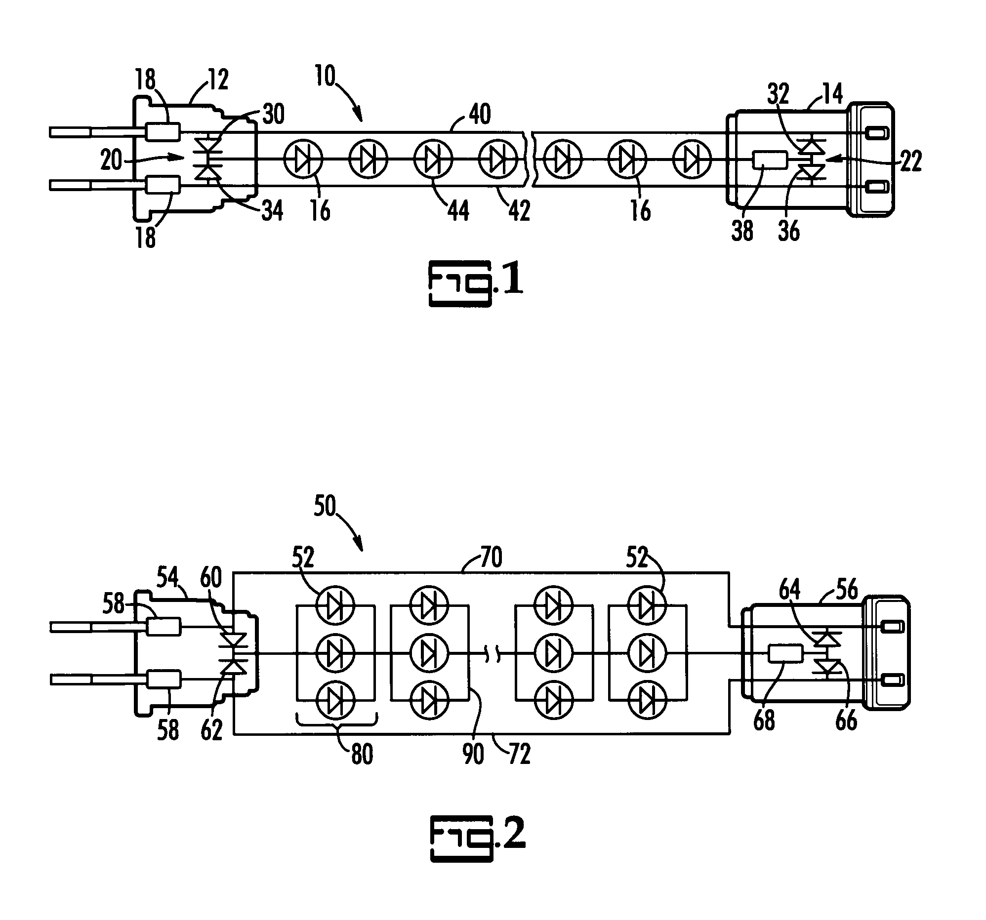 LED light string with split bridge rectifier and thermistor fuse