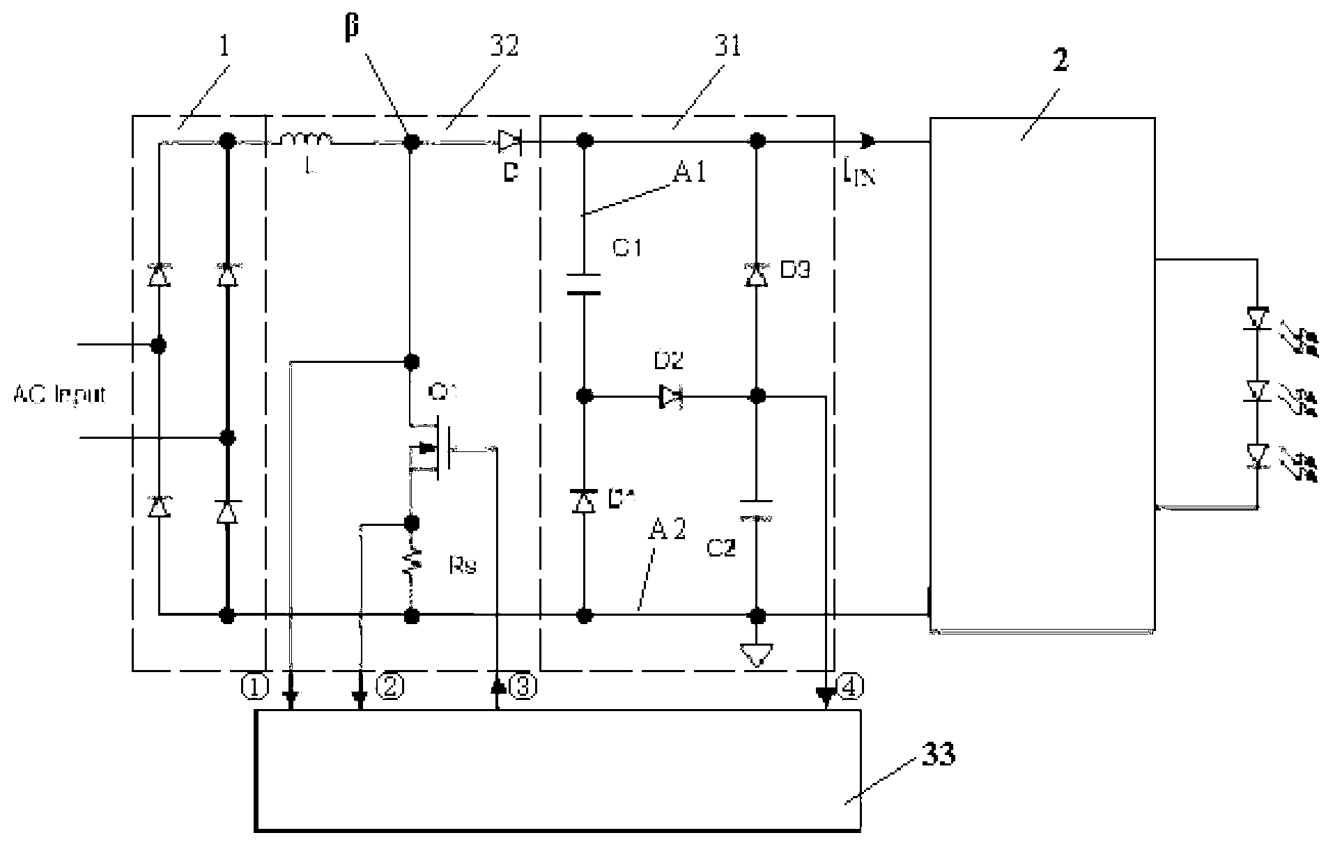 High-power-factor direct-current current output light-emitting diode (LED) driving circuit with low-energy-storage capacitor