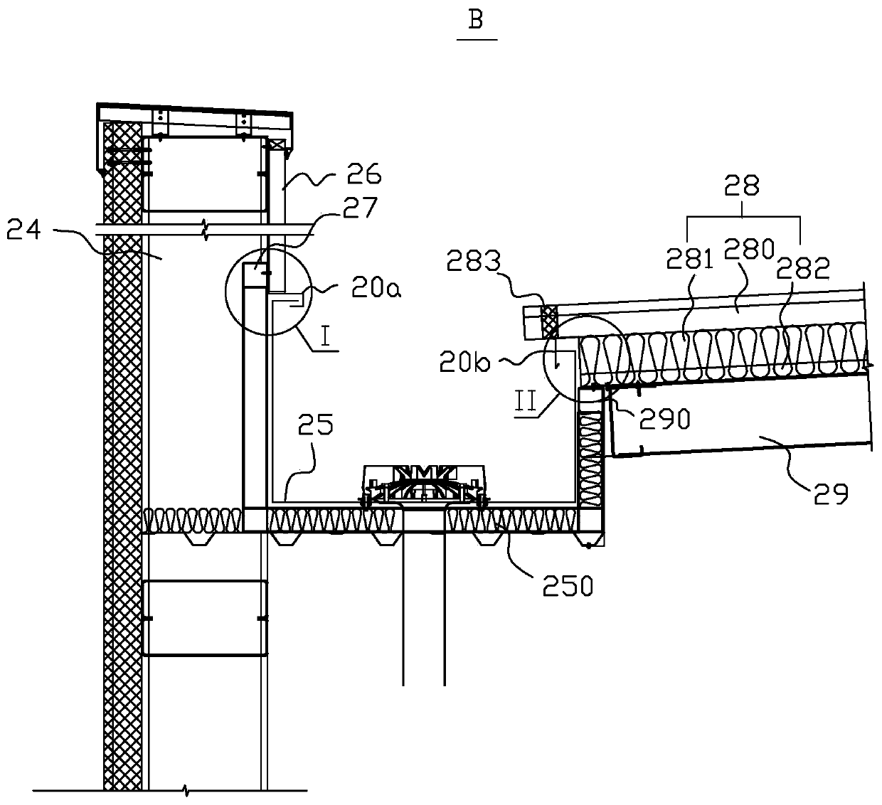 Waterproof node structure of steel structure workshop