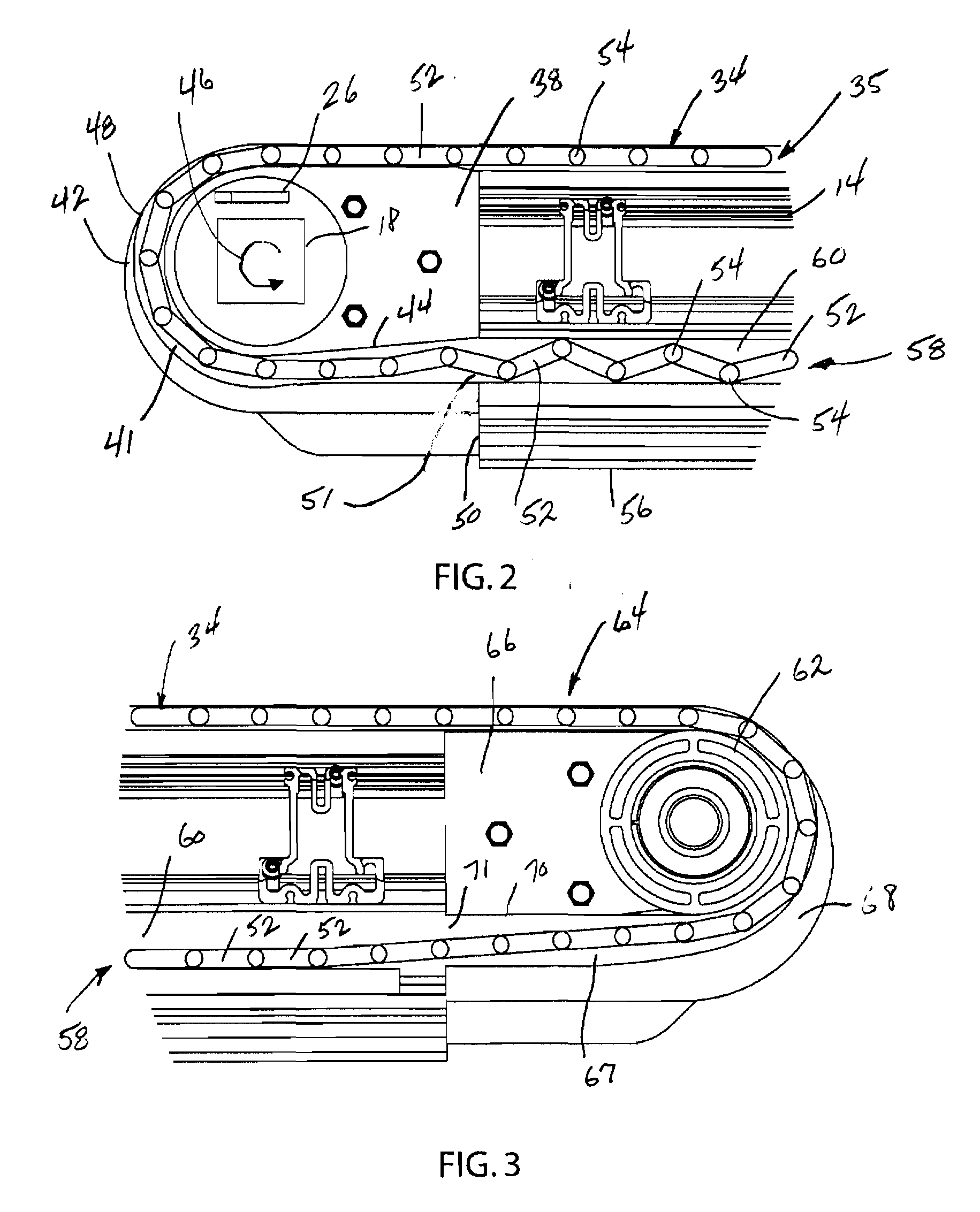 Contained drive system for chain conveyor belt to reduce catenary sag