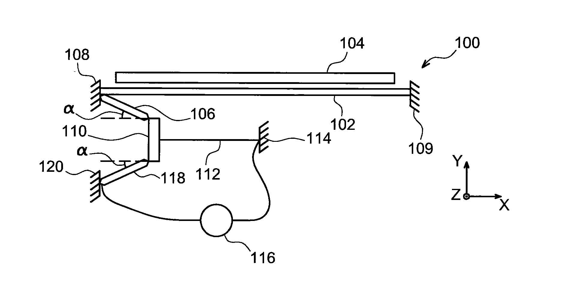 Device with detection by suspended piezoresistive strain gauge comprising a strain amplifier cell