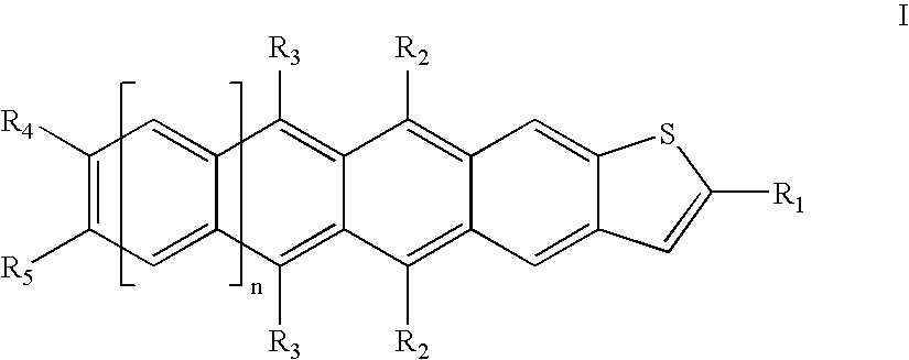 Acene compounds having a single terminal fused thiophene as semiconductor materials for thin film transistors and methods of making the same