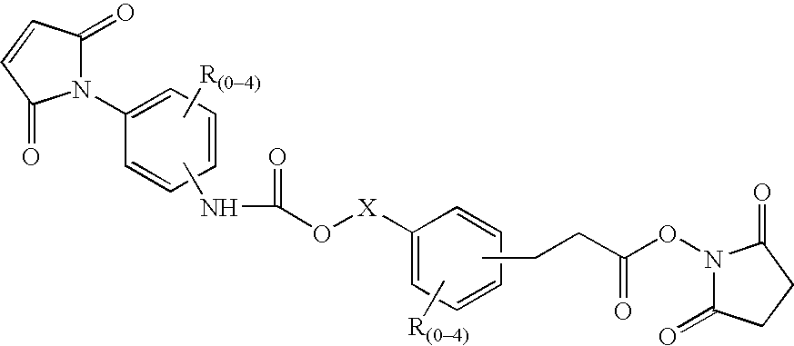 N-aryl-carbamic acid ester-derived and valeric acid ester-derived cross-linkers and conjugates, and methods for their synthesis and use