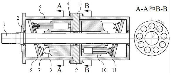 Low-noise axial plunger pump based on indexing angle of pumps in series