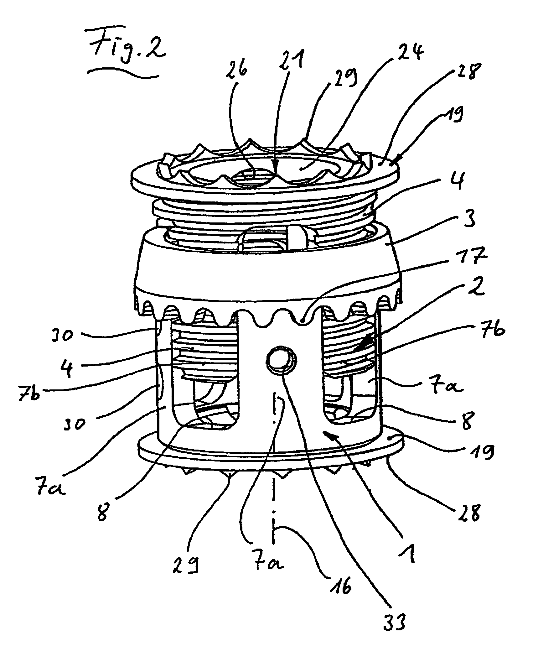 Height-adjustable implant to be inserted between vertebral bodies and corresponding handling tool