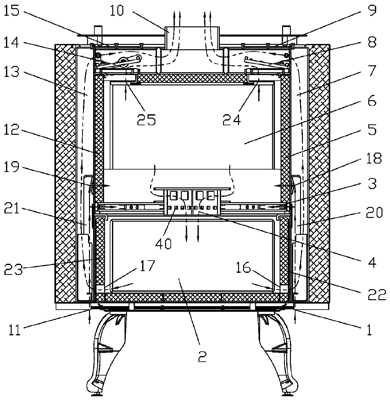 Embedded dual-hearth wood-burning furnace