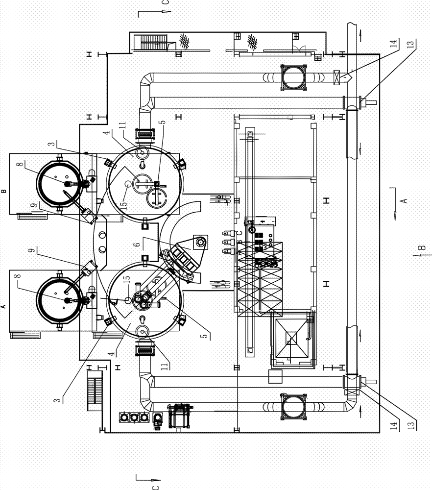 Electrode rotation double-station electric arc heating vacuum treatment device and using method thereof