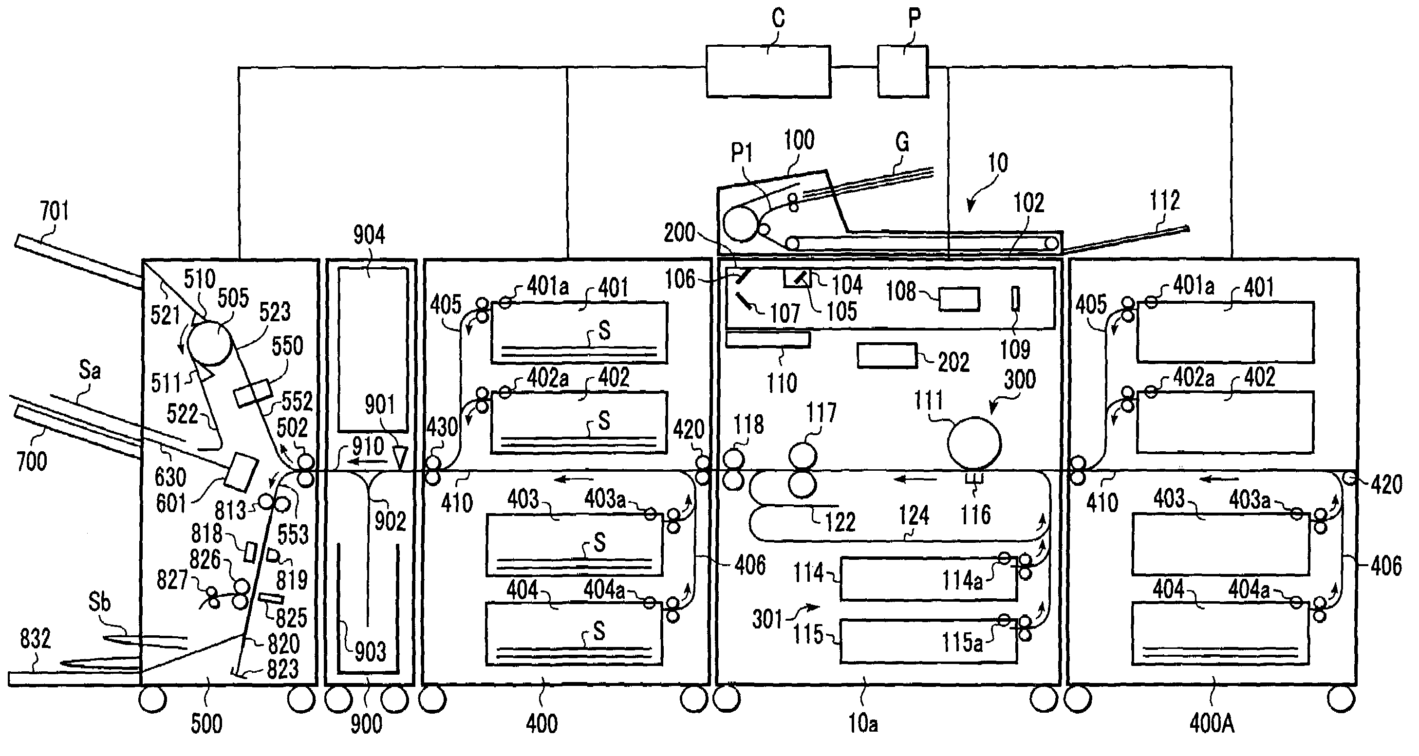 Sheet feeding device with plural sheet feeding means feeding in opposite directions to sheet post-processing system