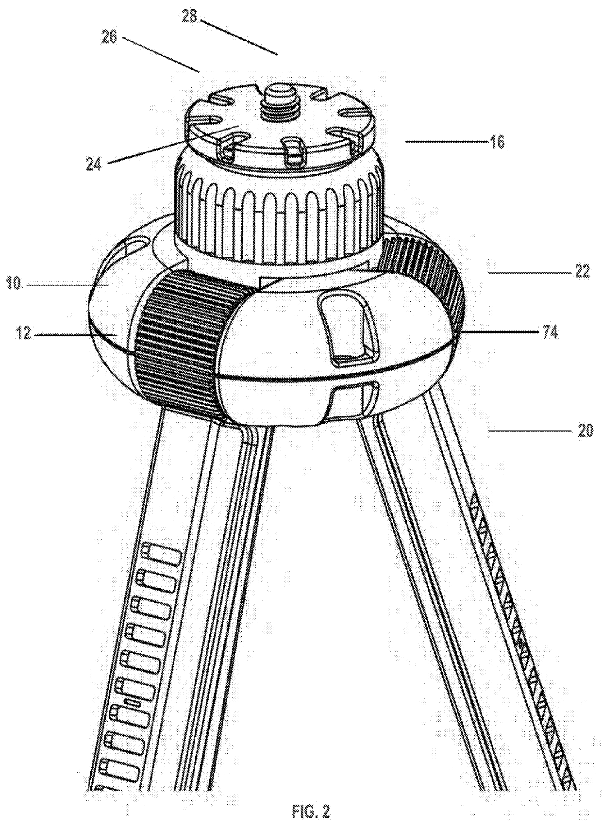 Multipod with variable independently angularly articulating lockable legs and monopod tip with concealable stud