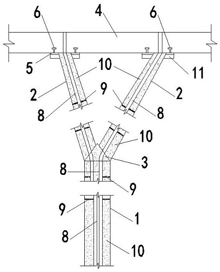 Tree-shaped trident steel pipe column for supporting outdoor concrete platform