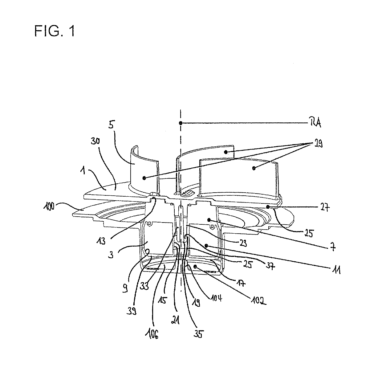 Mixing vessel with locking assembly for locking a mixing assembly in storage position and mixing impeller with central disc-like member