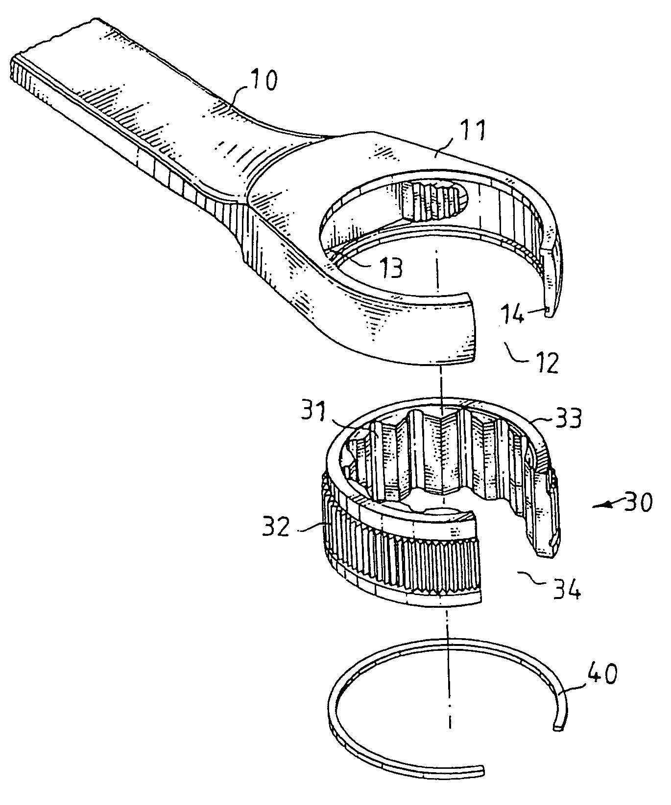 Pipe wrench having a fixed positioning ring