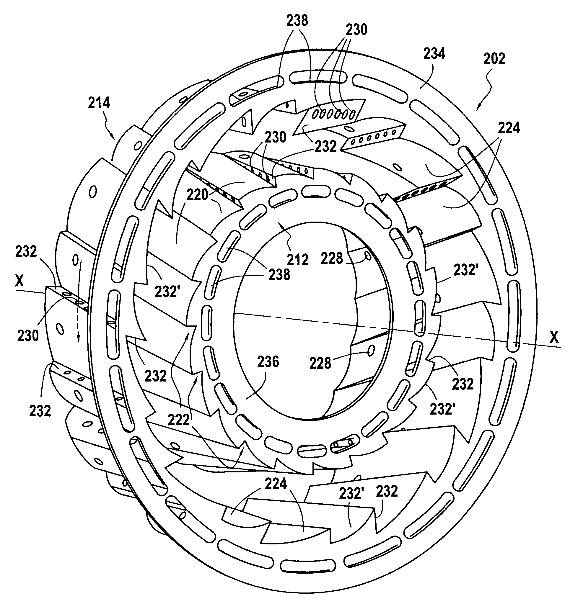 Turbomachine combustion chamber with helical air flow