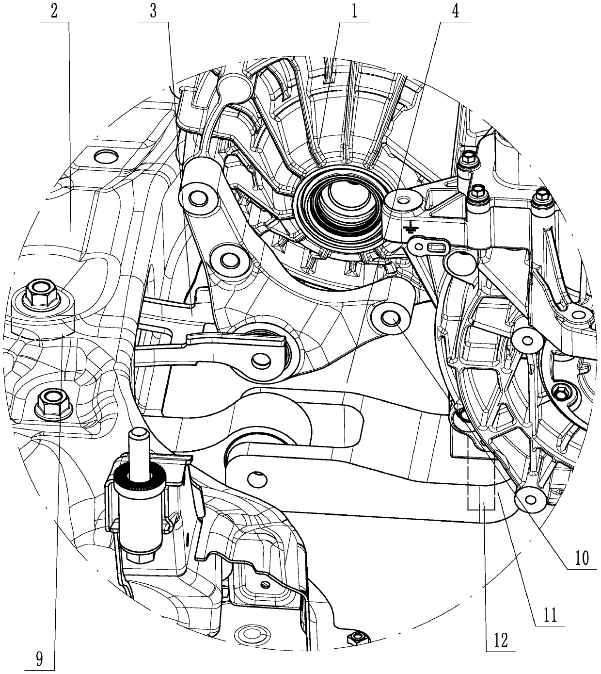 Rear suspension pull rod structure for connecting power assembly with front sub frame