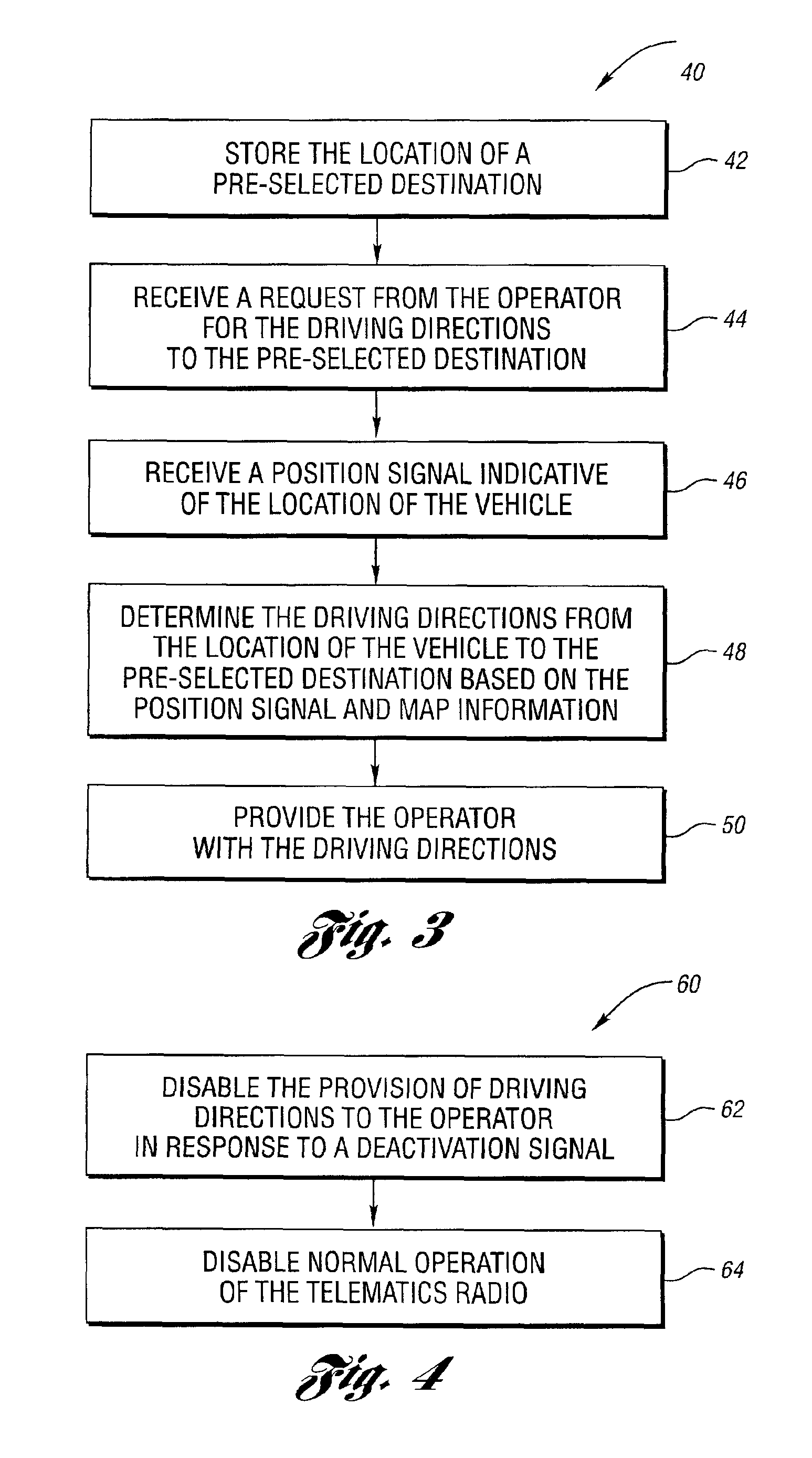 Vehicle telematics radio operable for providing and disabling driving directions to pre-selected destinations