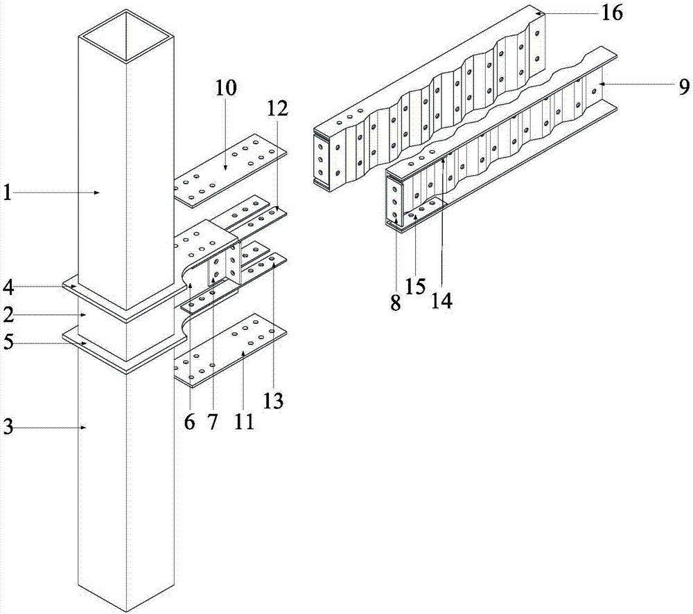 End plate assembly type corrugated web grip beam-column joint connection device with recoverable function