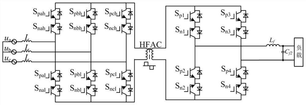 Three-phase single-phase high-frequency link matrix PET topology and modulation