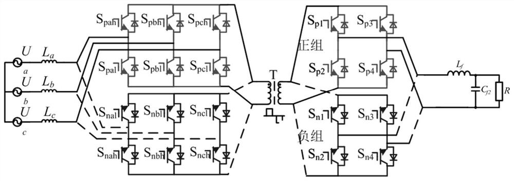 Three-phase single-phase high-frequency link matrix PET topology and modulation