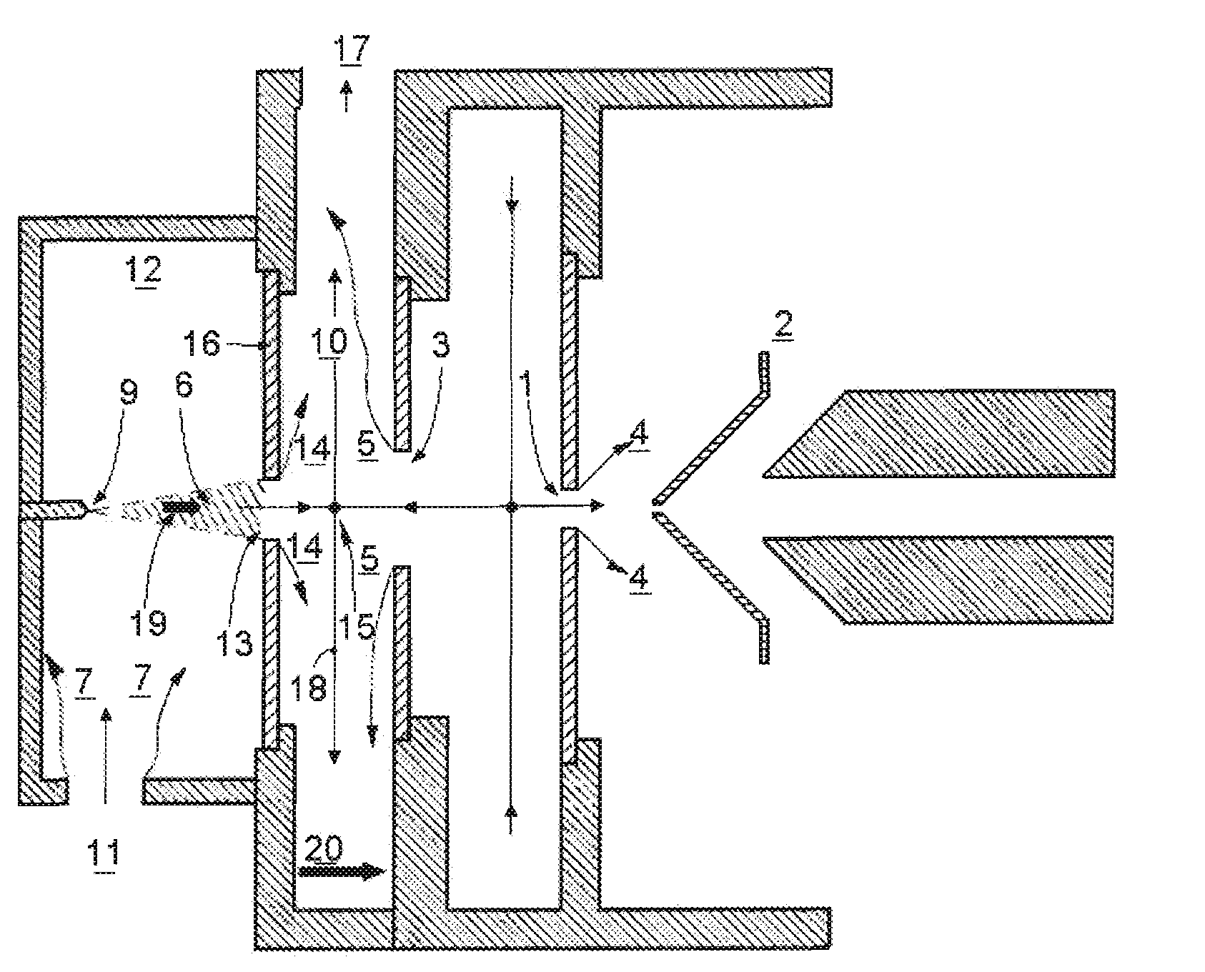 Ionizer for vapor analysis decoupling the ionization region from the analyzer