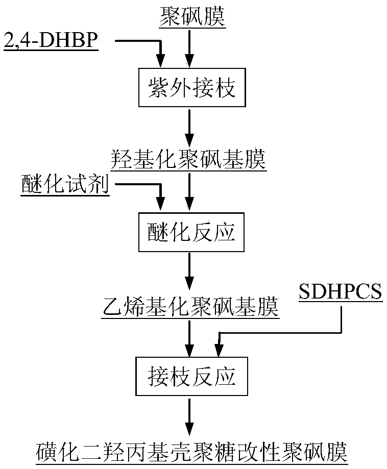 Sulfonated dihydroxypropyl chitosan modified polysulfone (SDHPCS-PSF) membrane and preparation method thereof