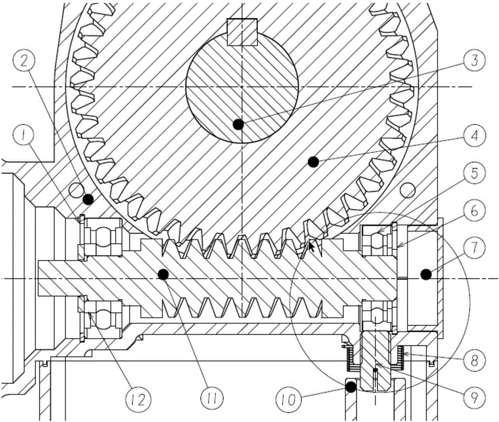 Worm gear and worm set with center distance adjustment and clearance elimination, brake and steering system