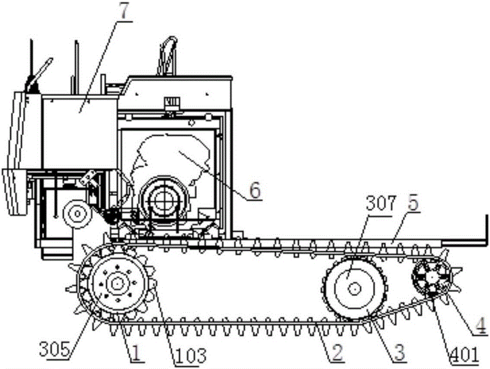 A walking chassis device of a wheel-track universal combine harvester