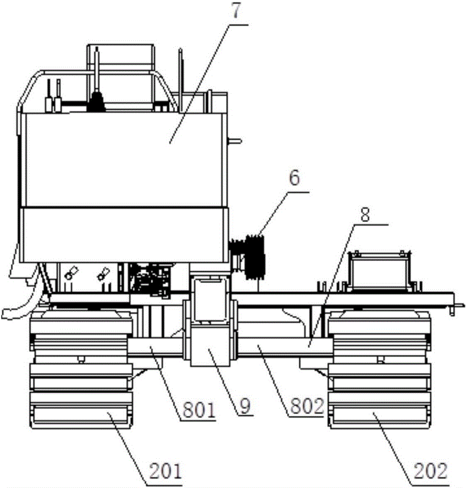 A walking chassis device of a wheel-track universal combine harvester