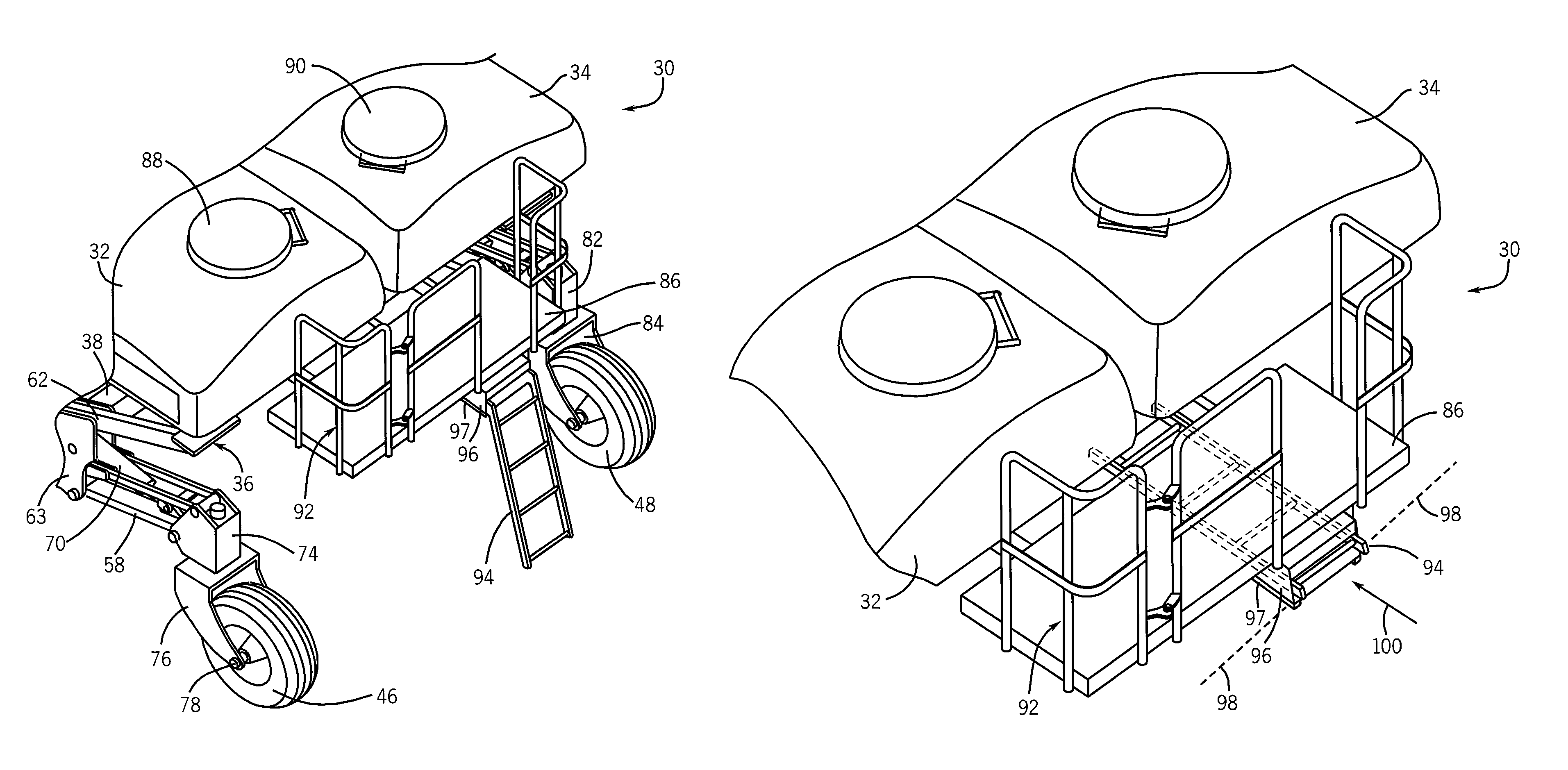 Central bulk fill system having stowable ladder for stack-fold farm implement