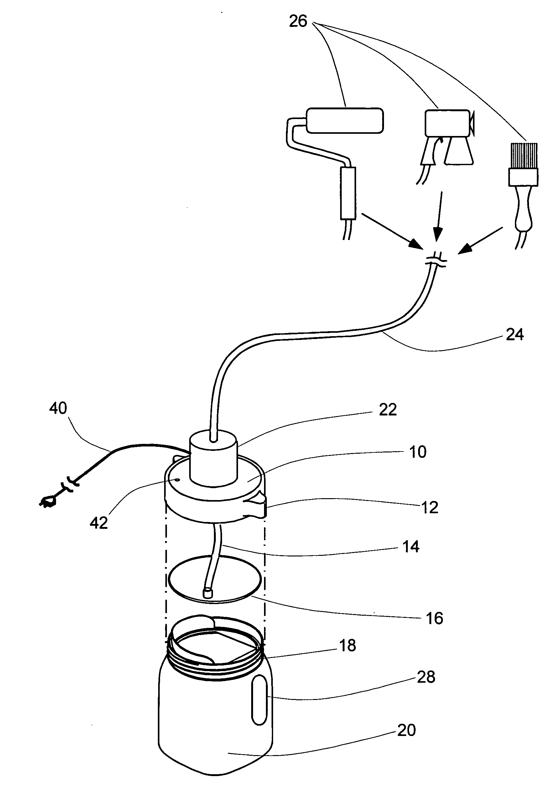 Fluid dispensing system using an interface device attached to the top of a container for viscous fluids, paints, and the like