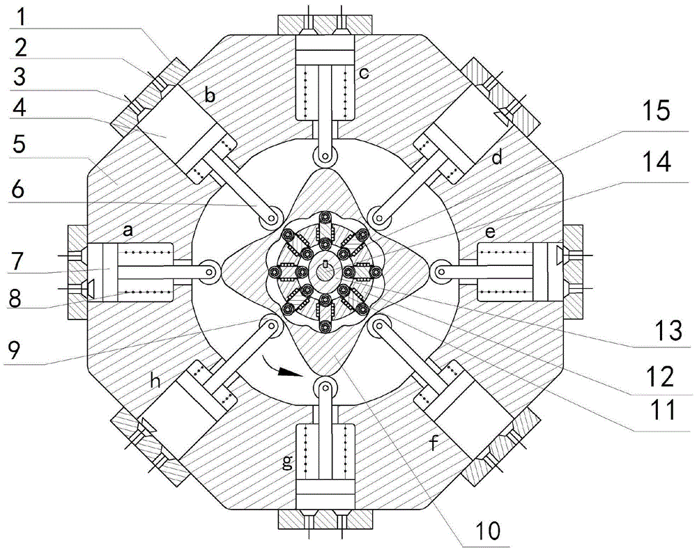 Two-phase outwards-convex wheel shock-wave roller pin and roller block transmission internal combustion engine