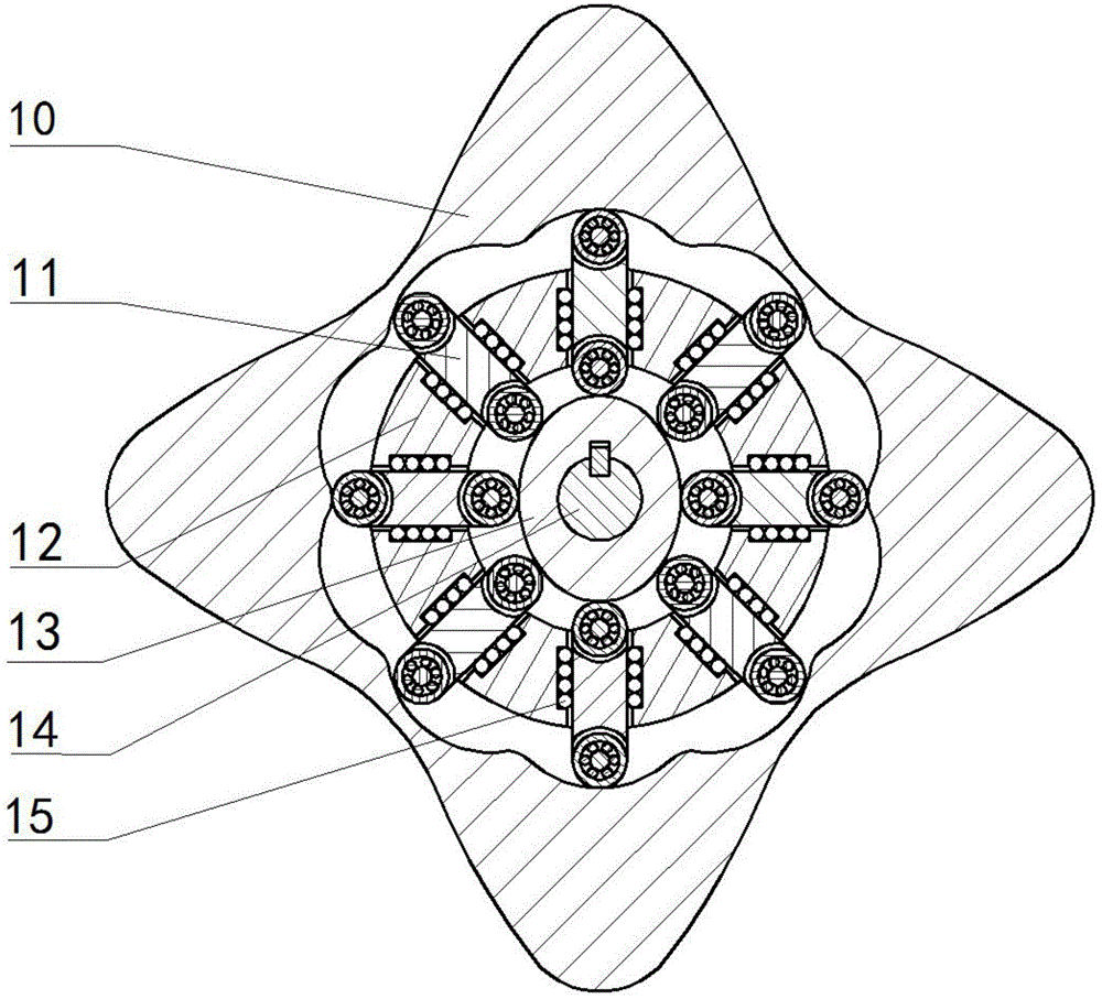 Two-phase outwards-convex wheel shock-wave roller pin and roller block transmission internal combustion engine