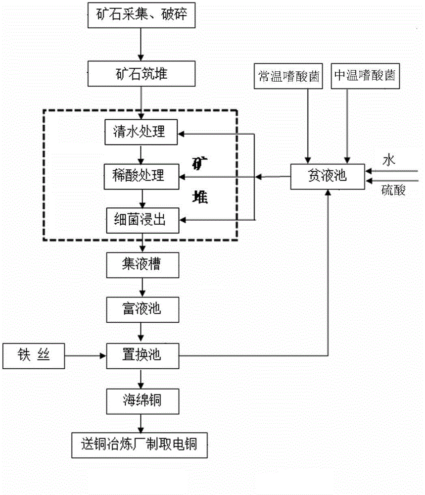 Biological heap leaching technology for stripmining copper sulfide mines