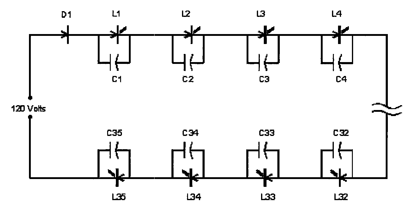 Capacitor shunted LED light string