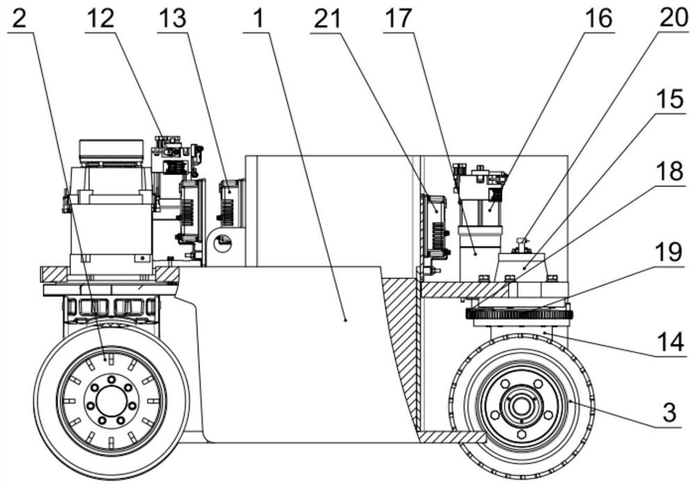 All-wheel electronic steering vehicle chassis and front double-drive omni-directional counterbalance forklift truck