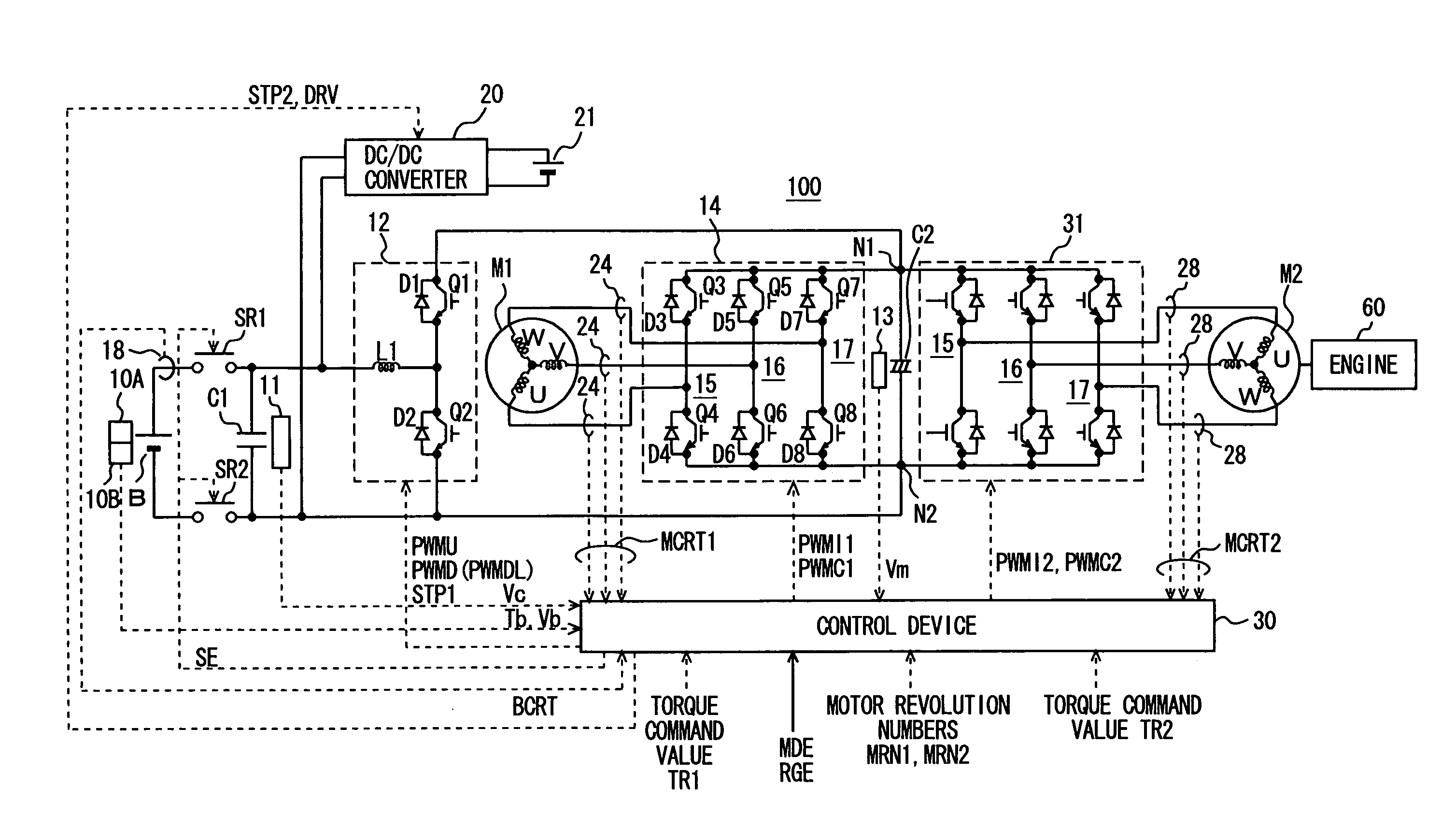 Motor drive apparatus, hybrid vehicle drive apparatus using the same, and computer readable recording medium recorded with program for causing computer to perform control of motor drive apparatus