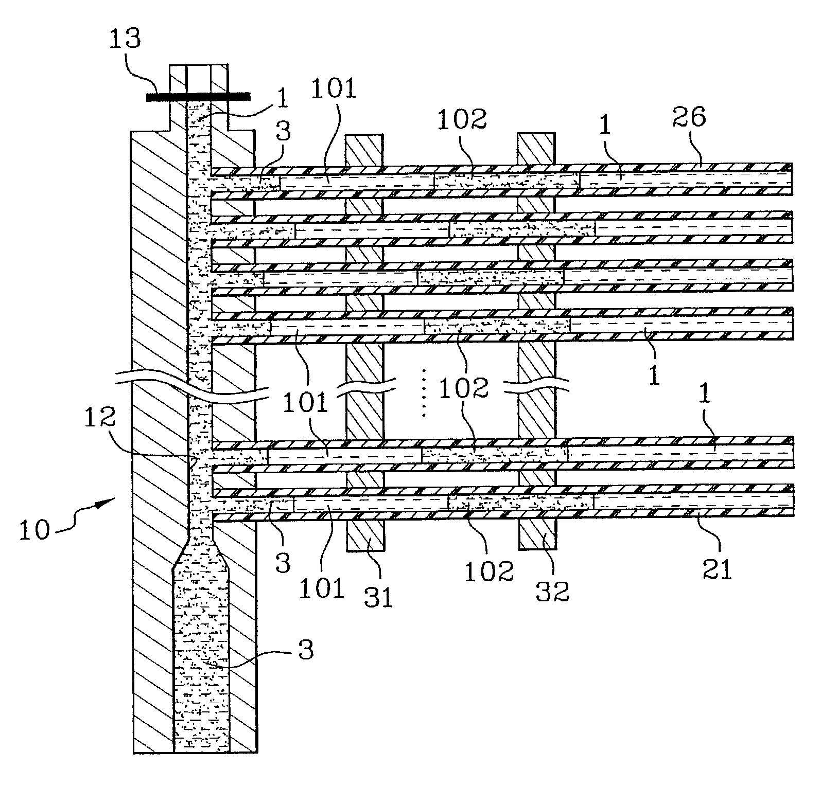 Device for parallel and synchronous injection for sequential injection of different reagents