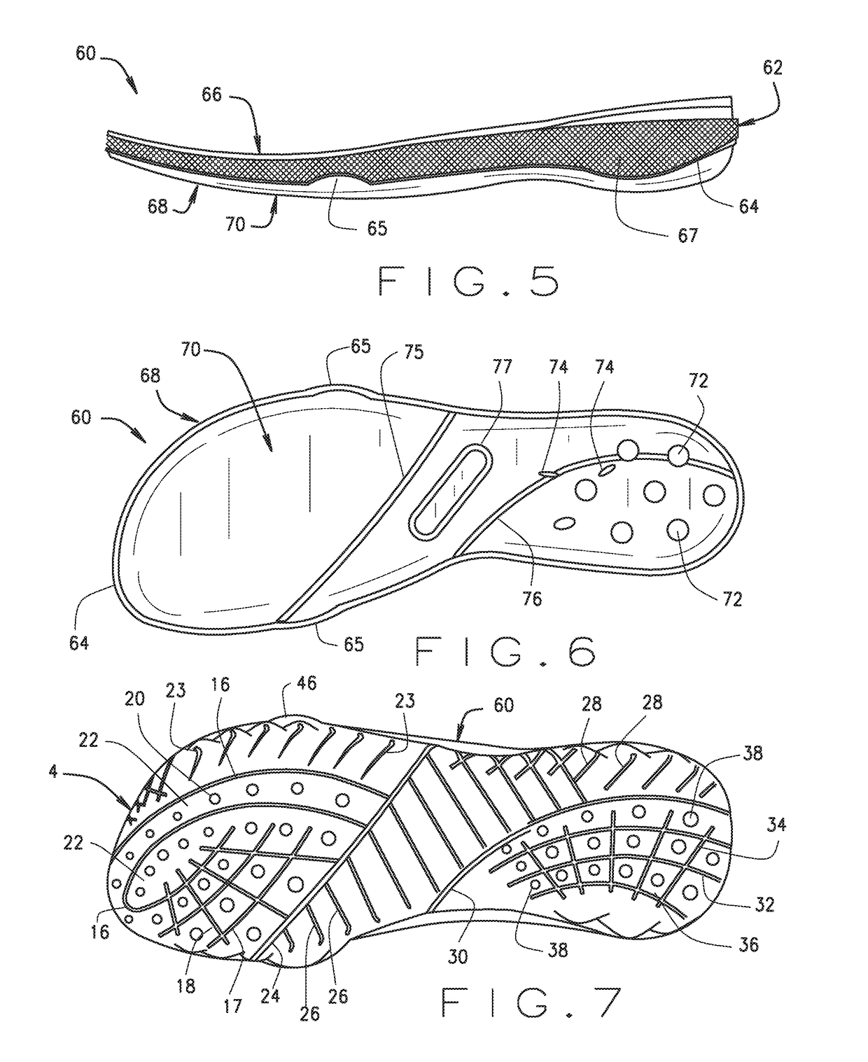 Three layer shoe construction with improved cushioning, breathability, flexibility and water displacement