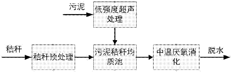 Method for performing mixed fermentation on low-intensity ultrasonically disintegrated sludge and crop straws and application of method in improving mesophilic anaerobic digestion