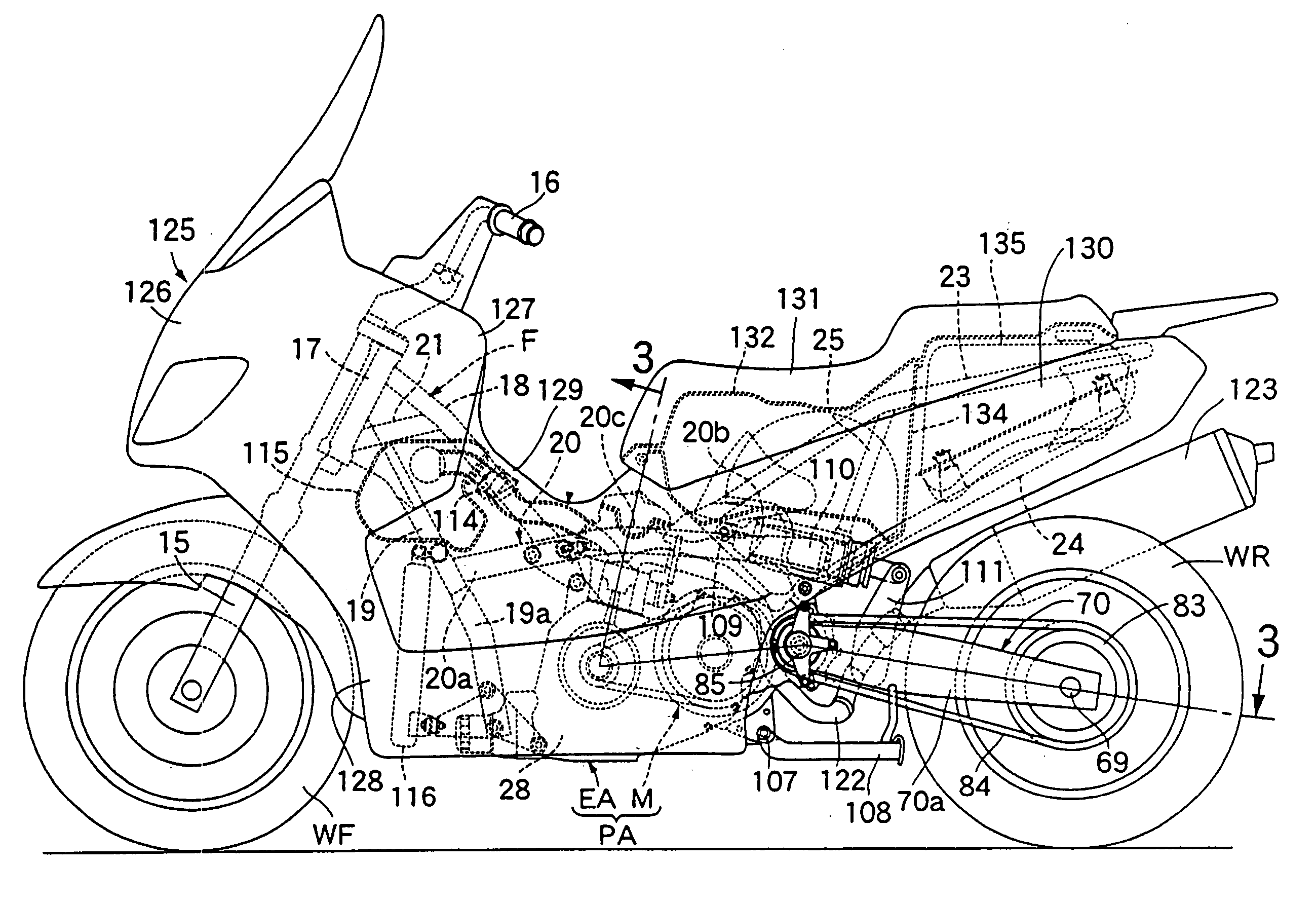 Swing arm support structure in a motorcycle, and motorcycle incorporating same