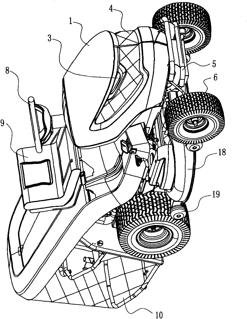 Riding mower with noise reduction measure and hydraulic stepless speed change