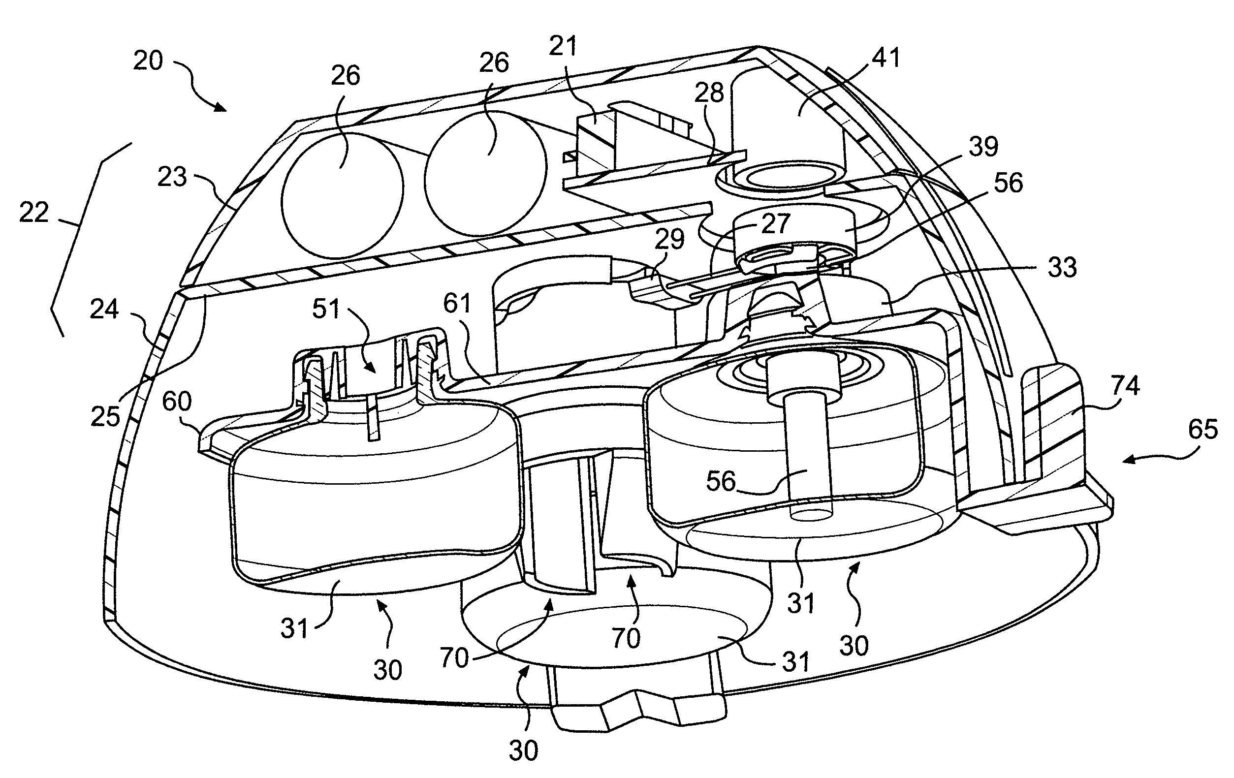 Electromechanical apparatus for dispensing volatile substances with single dispensing mechanism and cartridge for holding multiple receptacles