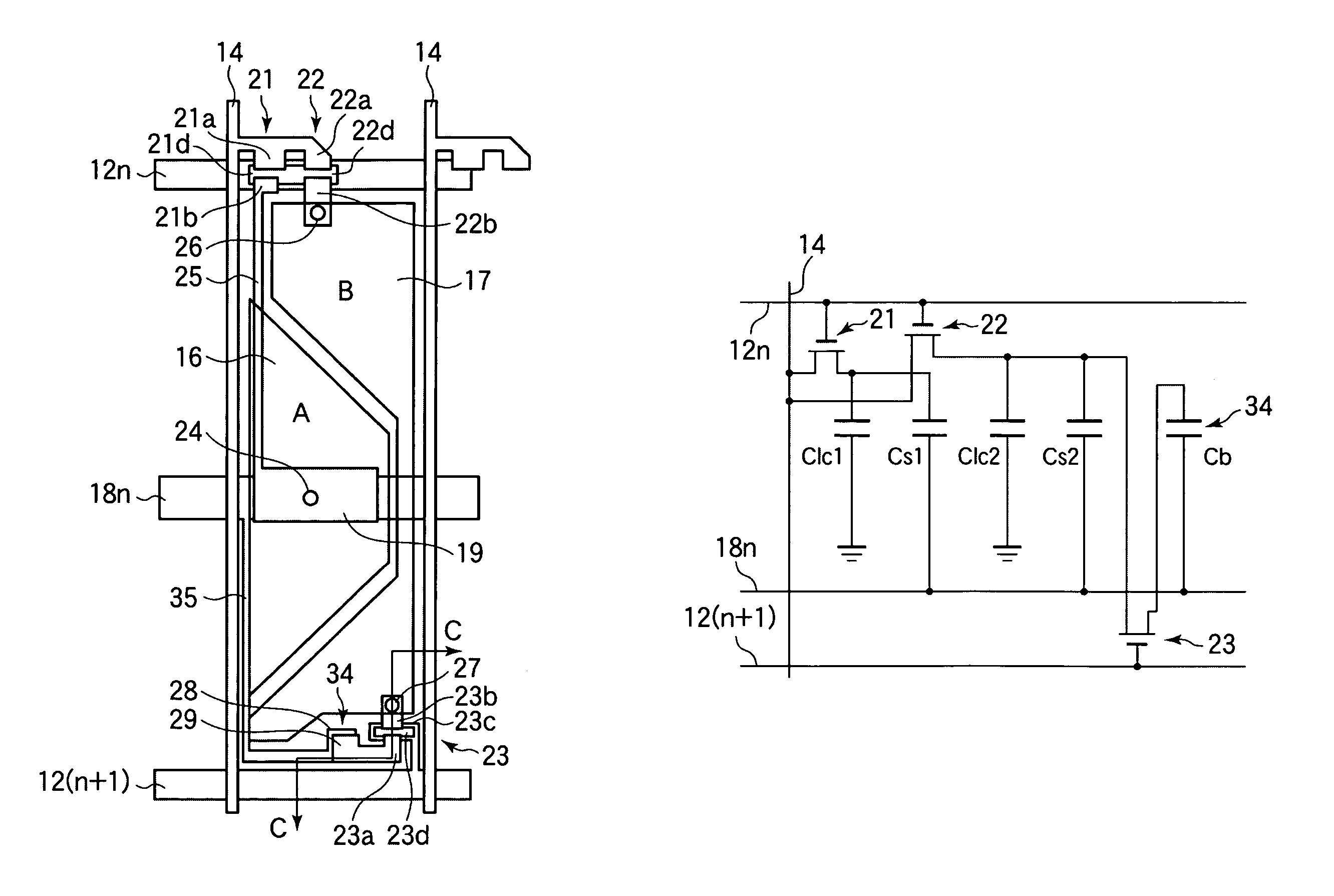 LCD device comprising an overlap between the first and second buffer capacitance electrodes