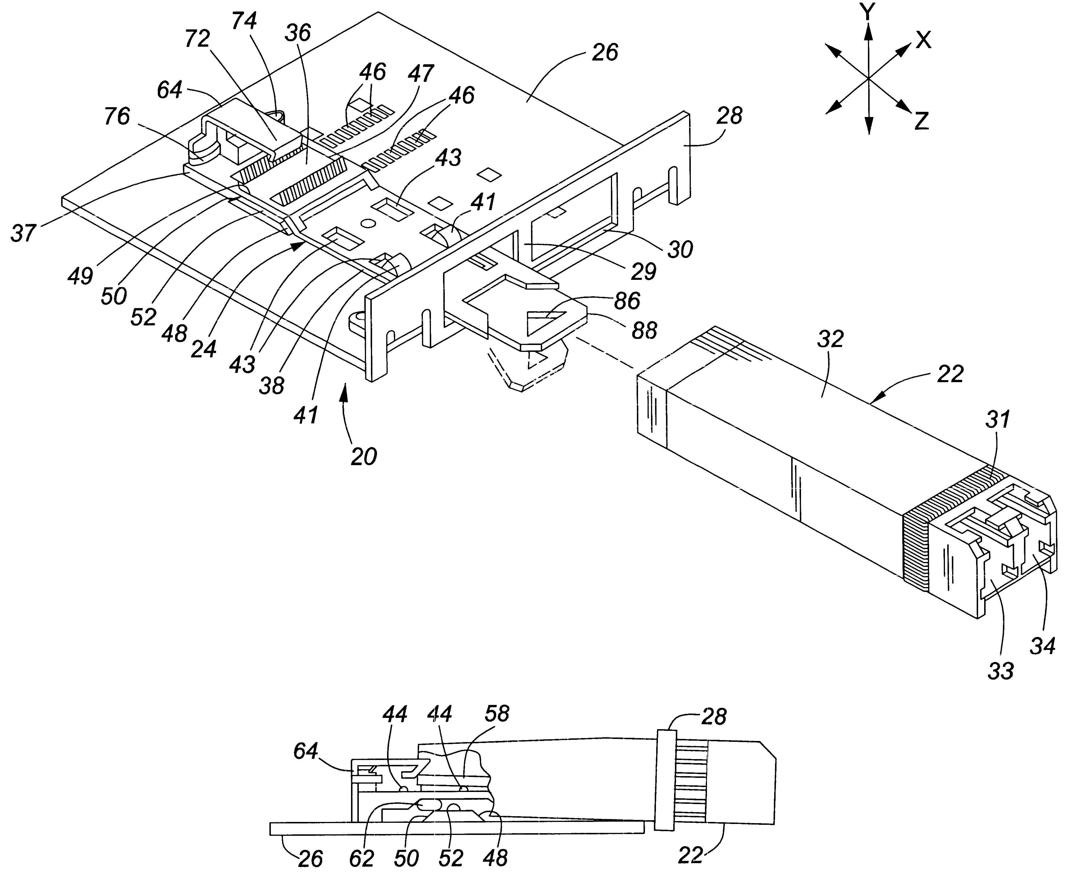 Removable latch and bezel EMI grounding feature for fiber-optic transceivers