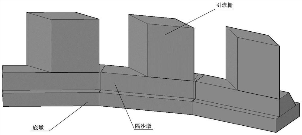 Diversion grid structure and construction method suitable for downstream bends of approach channel