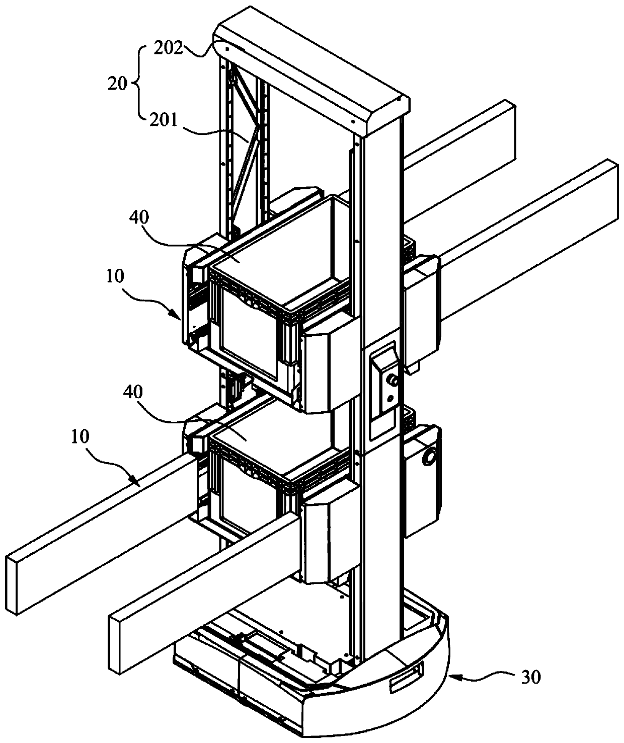 Carrying robot, container taking method, container loading method and warehouse logistics system