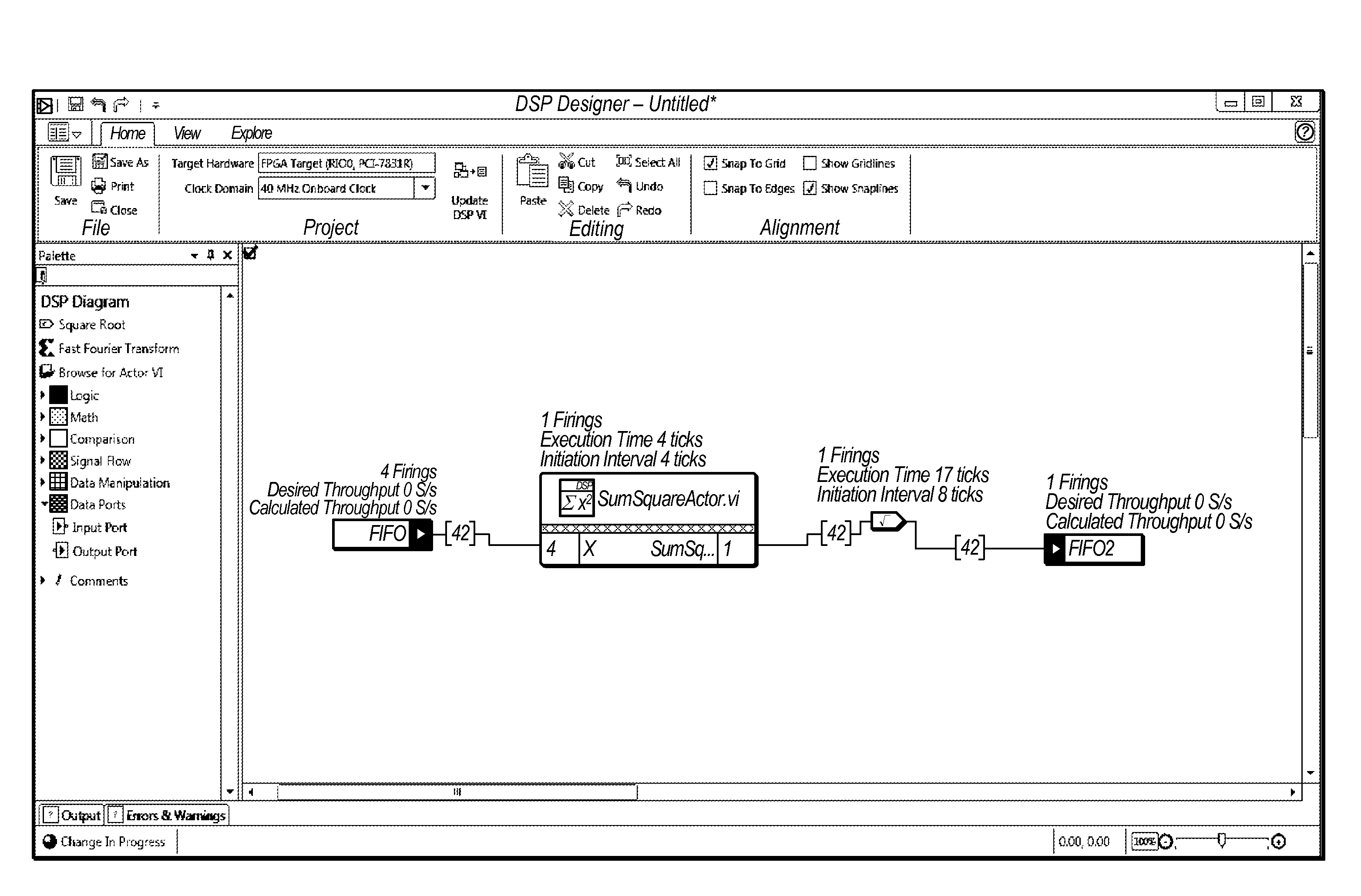 Developing programs for hardware implementation in a graphical specification and constraint language Via iterative estimation of performance or resource utilization