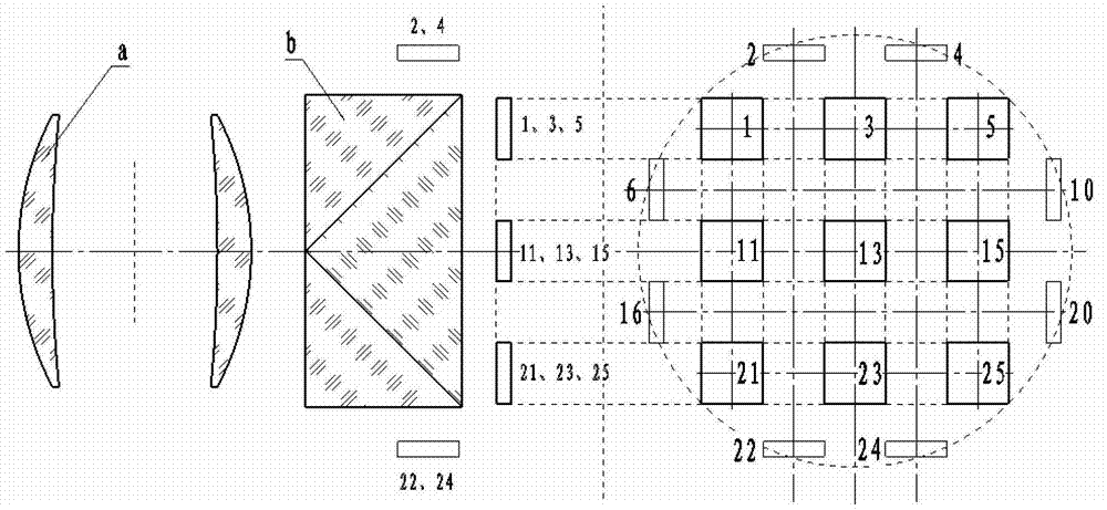 Seamlessly spliced photoelectronic imaging system with double lens using 25 area-array detectors