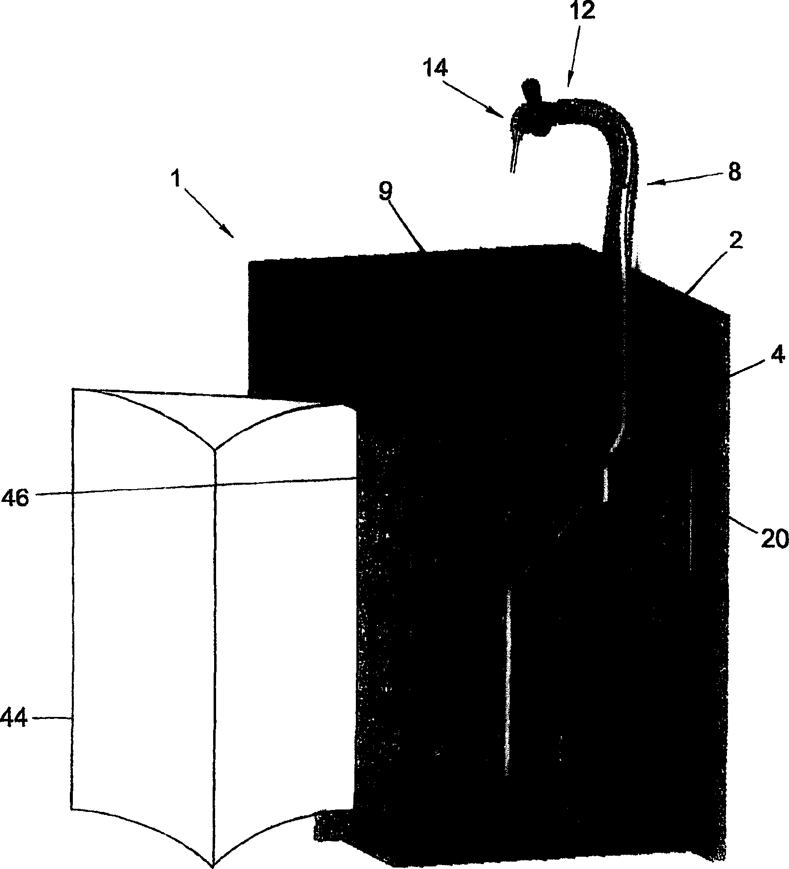 Tapping device and container therefor, and method for the manufacture thereof