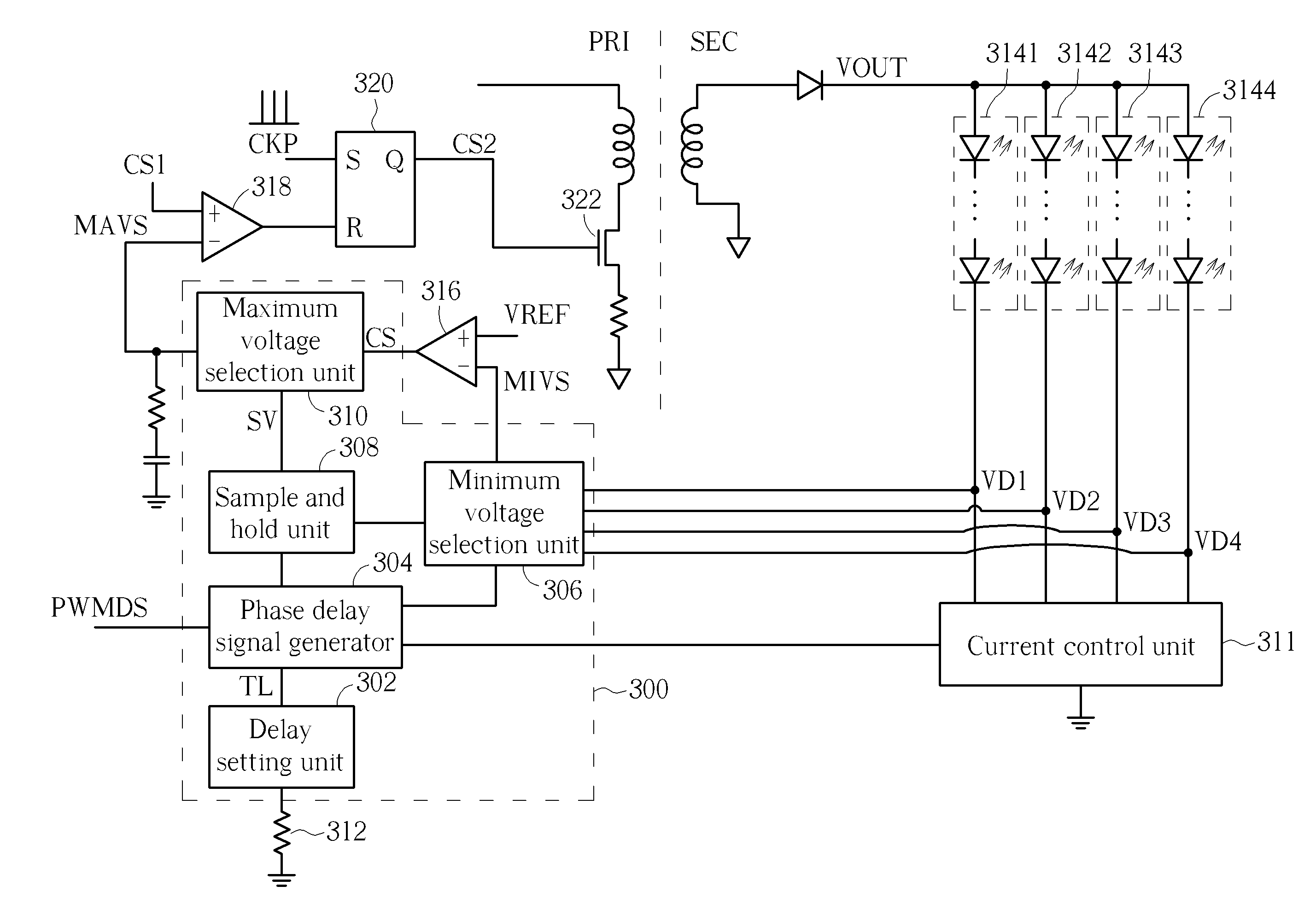 Circuit with adjustable phase delay and a feedback voltage and method for adjusting phase delay and a feedback voltage