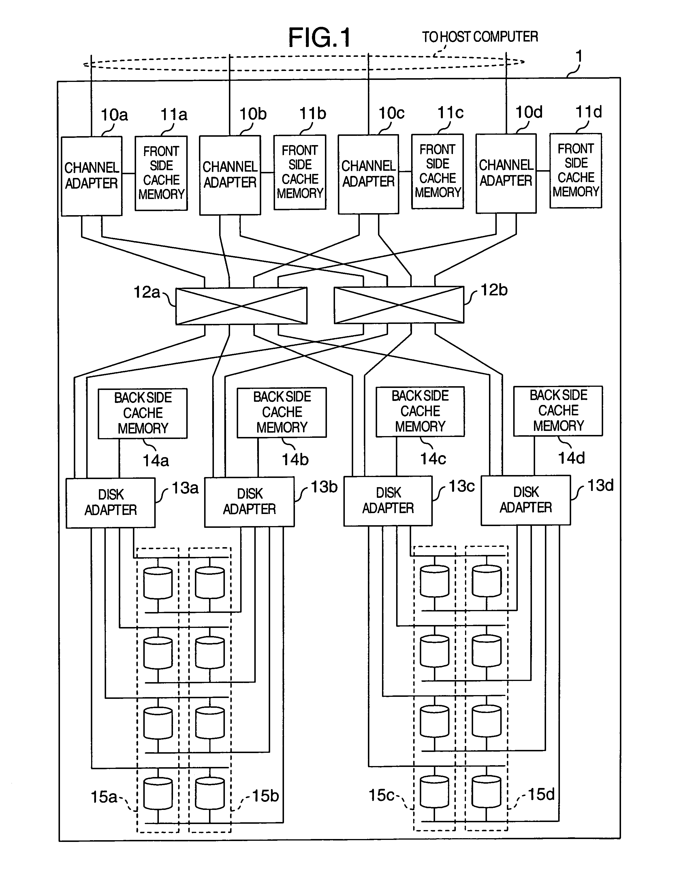 Storage system having network channels connecting shared cache memories to disk drives